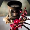 Świeca AV Light Candle w zapachu Kwiat Nocy, w matowym szkle, otoczona delikatnymi, ciemnymi kwiatami, symbolizująca zmysłowość i tajemniczość wieczoru.