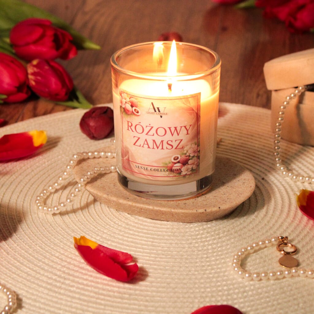 Zapalona świeca Różowy Zamsz 200 ml AV Light Candle – jasne szkło, kolekcja SENSE