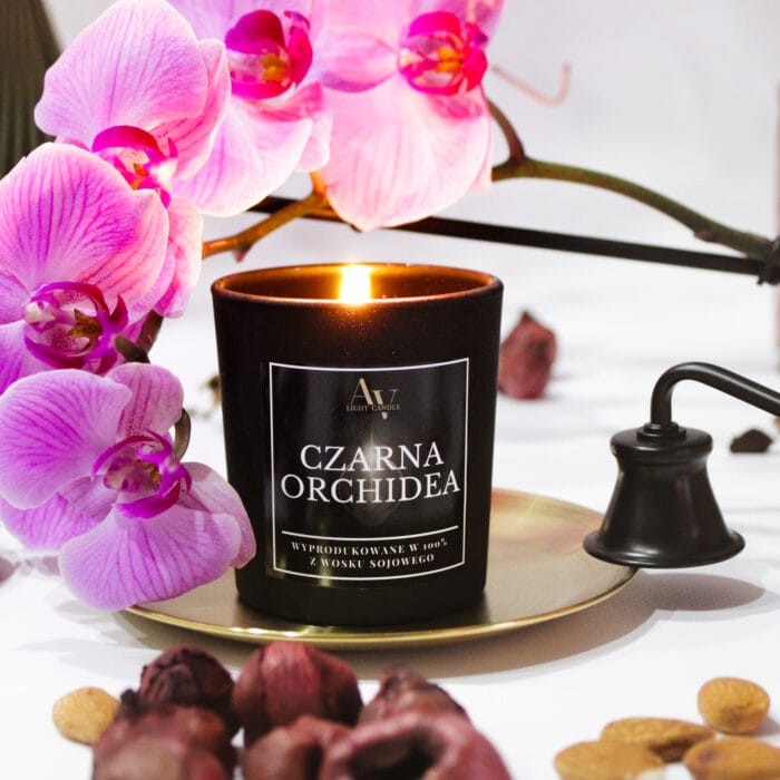 Zapalone światło świecy Czarna Orchidea AV Light Candle na złotej podstawce, otoczone orchideą.