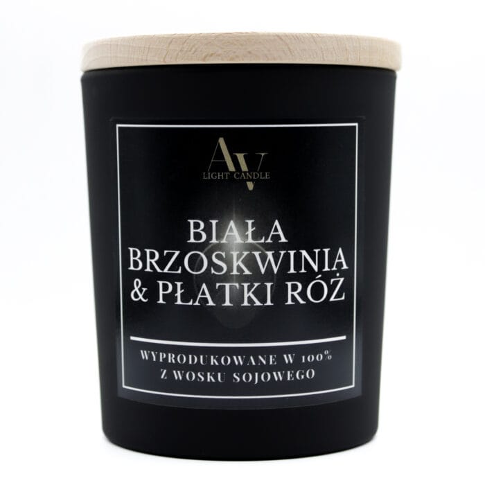 Świeca sojowa AV Light Candle Biała Brzoskwinia & Płatki Róż Lumor 280 ml z dwoma knotami w czarnym słoiku na białym tle