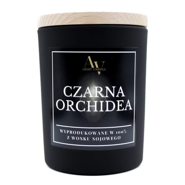 Świeca zapachowa Czarna Orchidea AV Light Candle kolekcja Sense 200 ml – czarne matowe szkło z drewnianą pokrywką