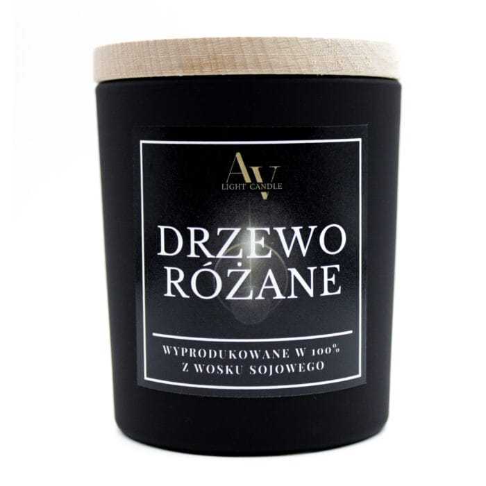Świeca sojowa Drzewo Różane AV Light Candle kolekcja Ember 130 ml w czarnym szkle z drewnianym wieczkiem