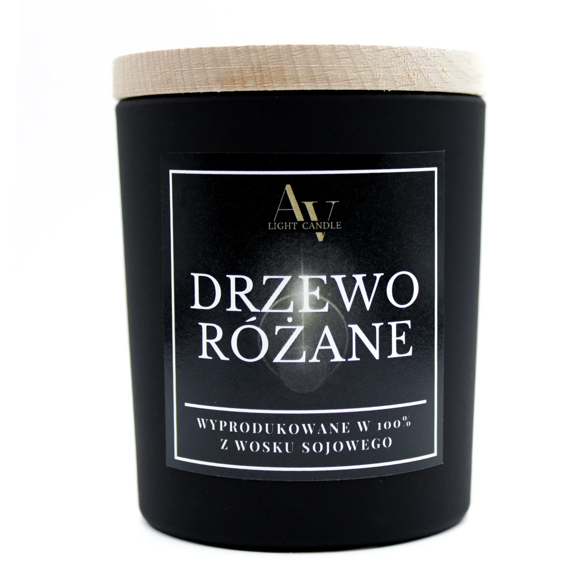Świeca sojowa Drzewo Różane AV Light Candle kolekcja Ember 130 ml w czarnym szkle z drewnianym wieczkiem