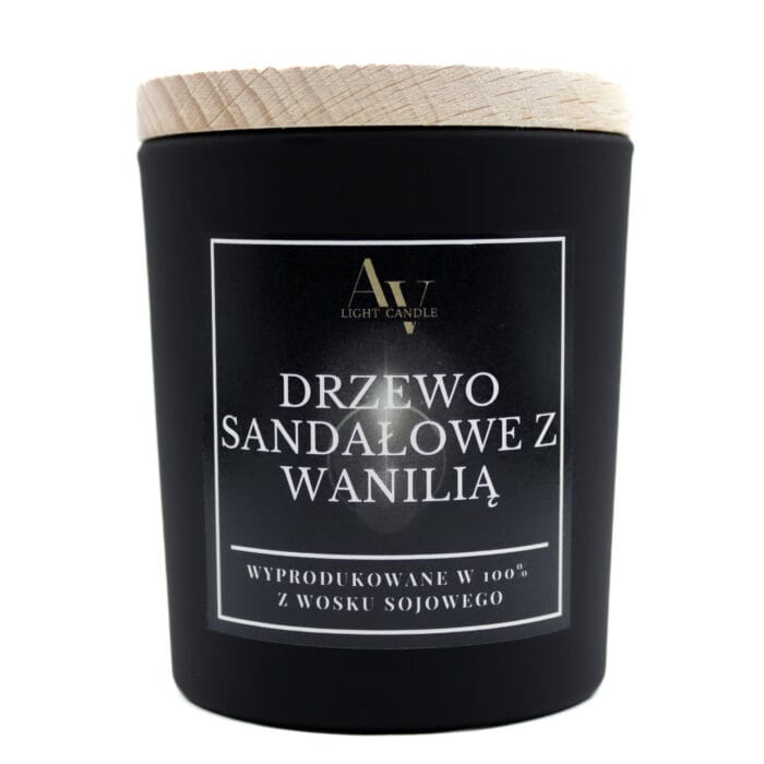 Świeca sojowa Drzewo Sandałowe z Wanilią AV Light Candle kolekcja Ember 130 ml w czarnym szkle z drewnianym wieczkiem