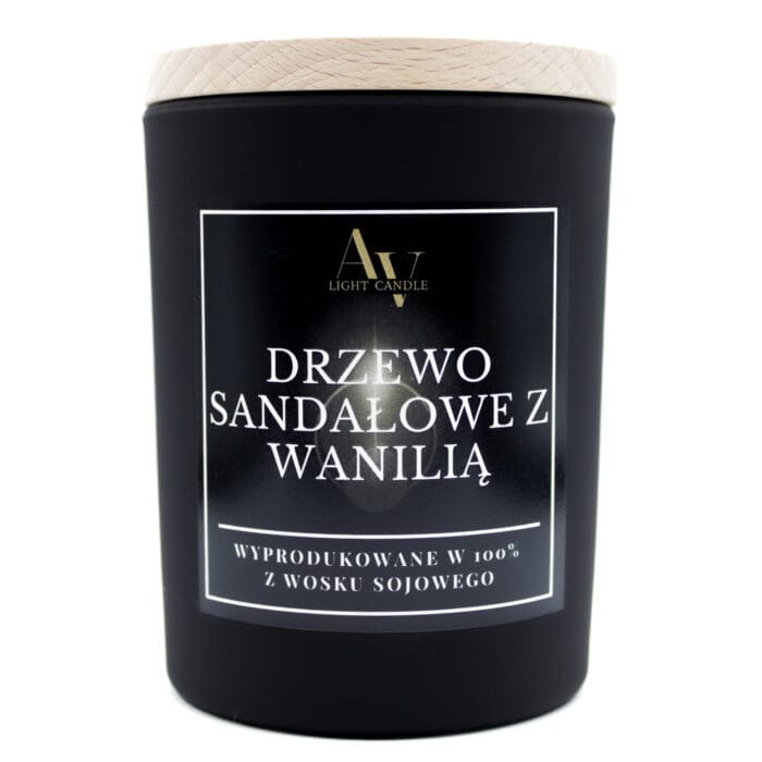 Świeca sojowa Drzewo Sandałowe z Wanilią AV Light Candle kolekcja Sense 200 ml w czarnym szkle