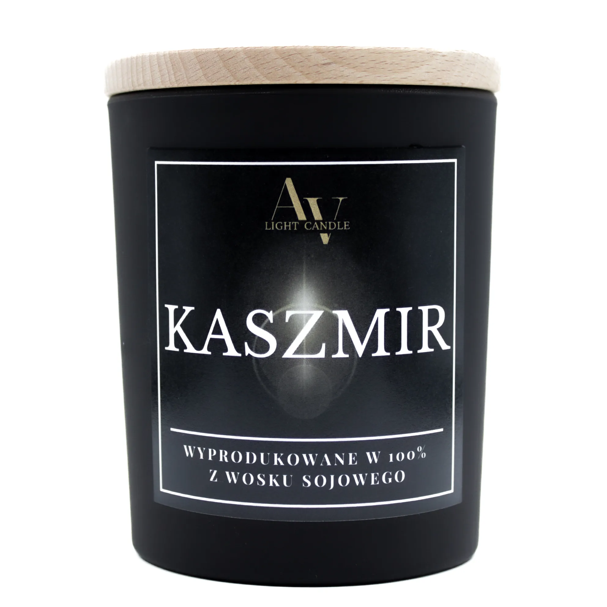 Świeca sojowa AV Light Candle Kaszmir Lumor 280 ml z dwoma knotami w czarnym słoiku na białym tle