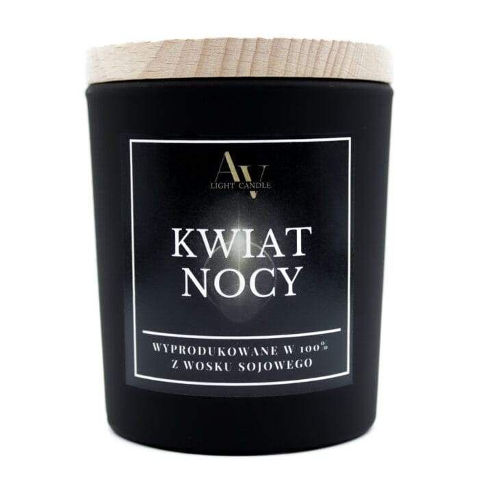 Świeca sojowa Kwiat Nocy AV Light Candle kolekcja Ember 130 ml w czarnym szkle z drewnianym wieczkiem