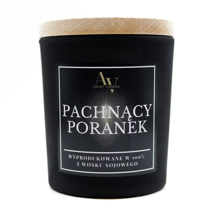 Świeca sojowa Pachnący Poranek AV Light Candle kolekcja Ember 130 ml w czarnym szkle z drewnianym wieczkiem