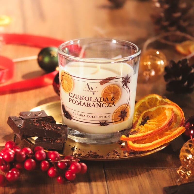 Świeca AV Light Candle Czekolada i Pomarańcza – widok z góry z czekoladą, pomarańczą i świąteczną dekoracją
