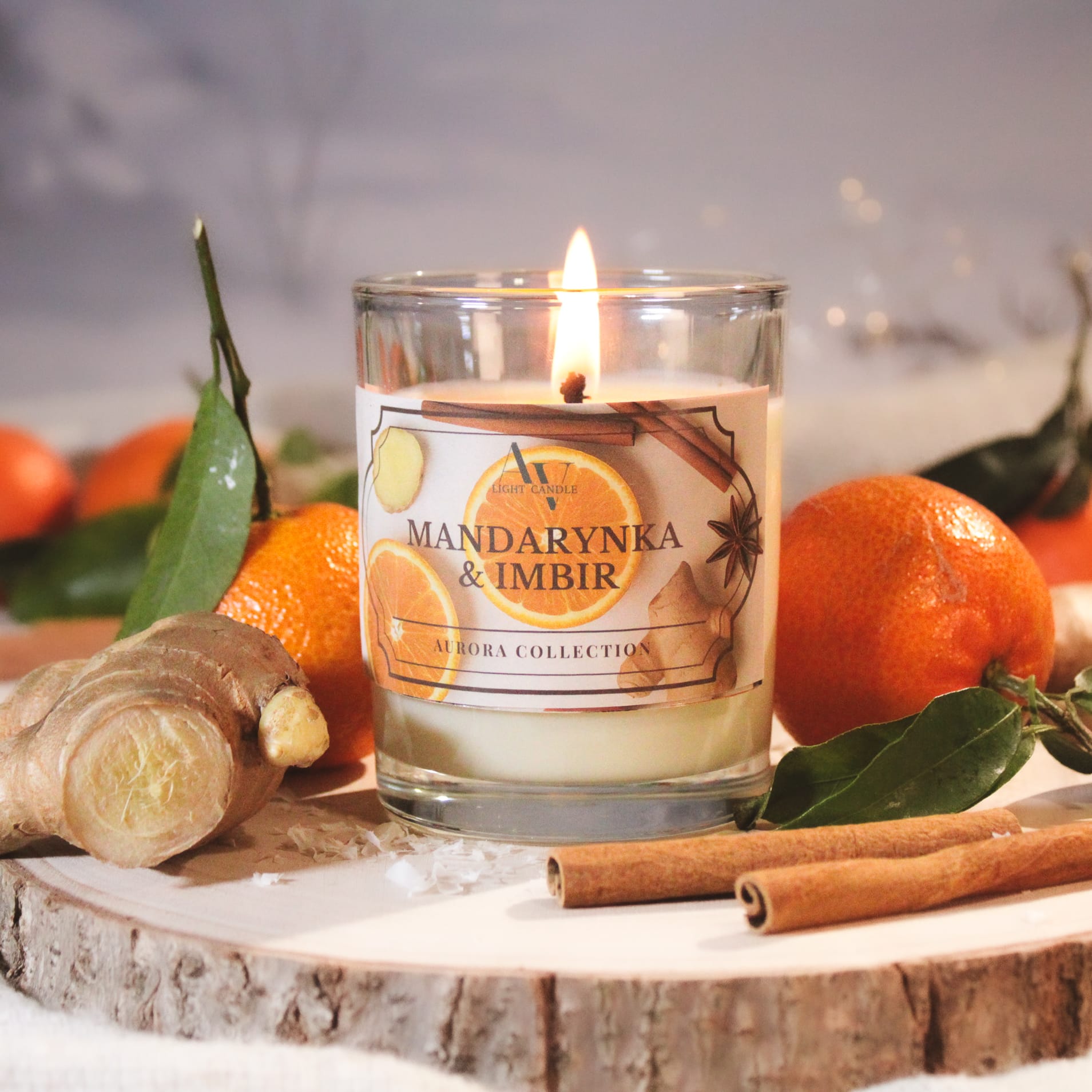 Świeca sojowa Mandarynka & Imbir – kolekcja Aurora 200 ml, jasna kompozycja z owocami i drewnem