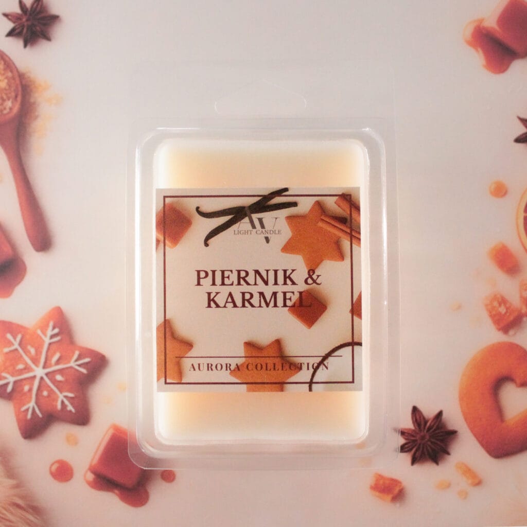 Wosk zapachowy Piernik i Karmel AV Light Candle na tle pierników, karmelu i przypraw korzennych.