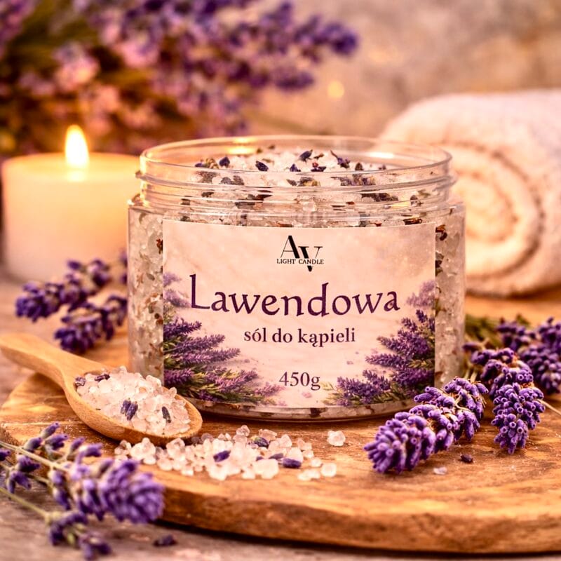 lawendowa sól do kąpieli AV Light Candle 450 g w przezroczystym słoiku z suszoną lawendą