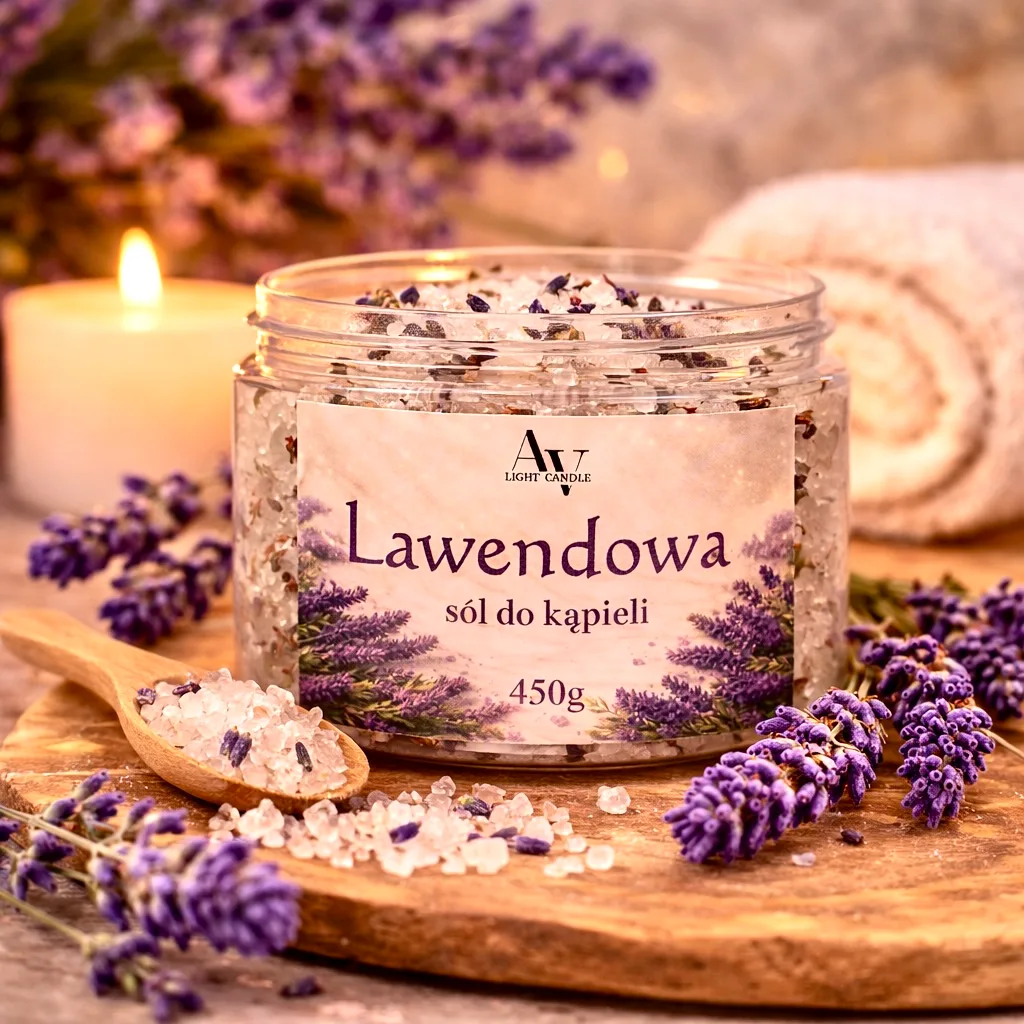 lawendowa sól do kąpieli AV Light Candle 450 g w przezroczystym słoiku z suszoną lawendą