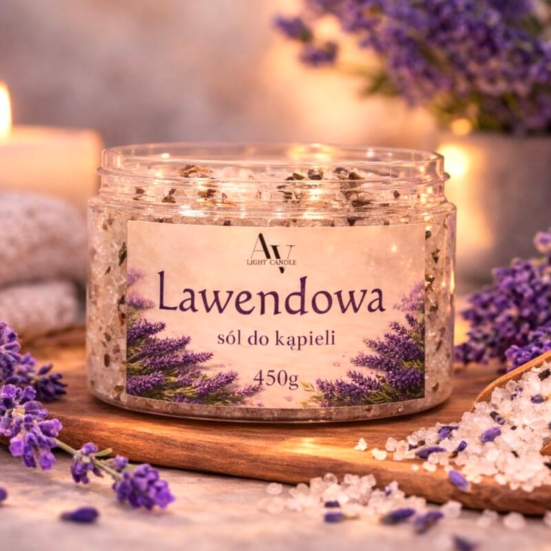 lawendowa sól do kąpieli z suszoną lawendą AV Light Candle 450 g aranżacja spa