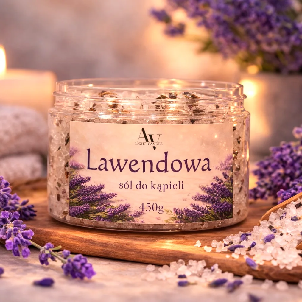 lawendowa sól do kąpieli z suszoną lawendą AV Light Candle 450 g aranżacja spa