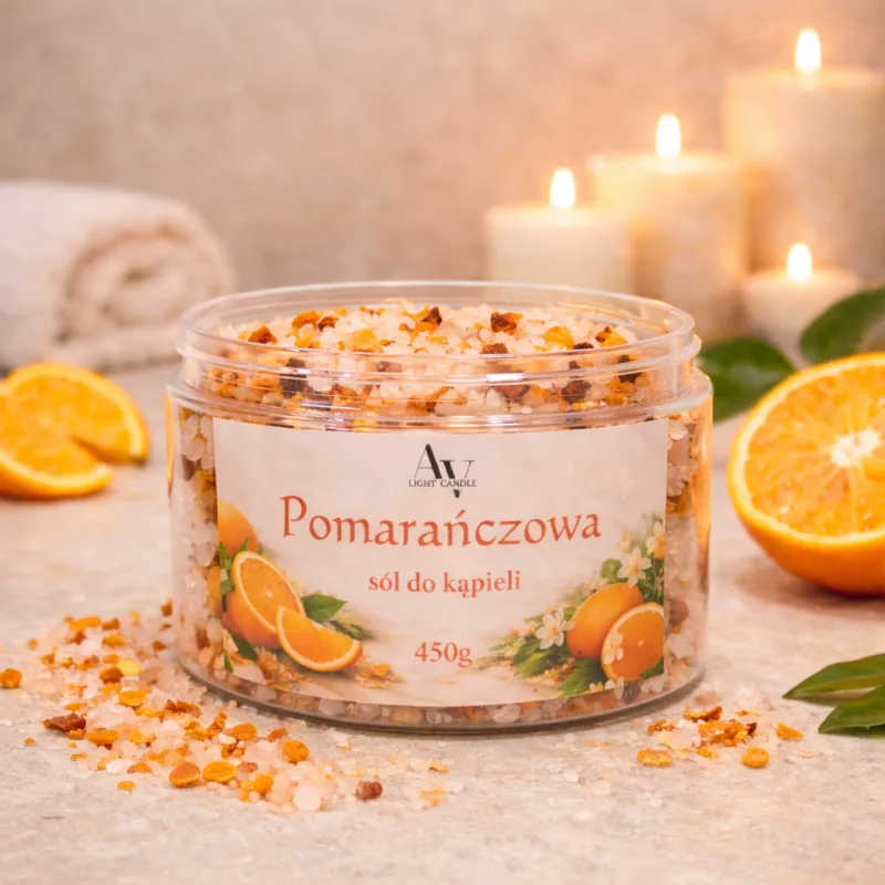 pomarańczowa sól do kąpieli AV Light Candle 450 g w przezroczystym słoiku z suszoną skórką pomarańczy