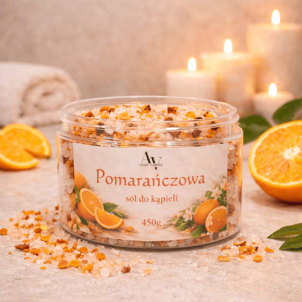 pomarańczowa sól do kąpieli AV Light Candle 450 g w przezroczystym słoiku z suszoną skórką pomarańczy