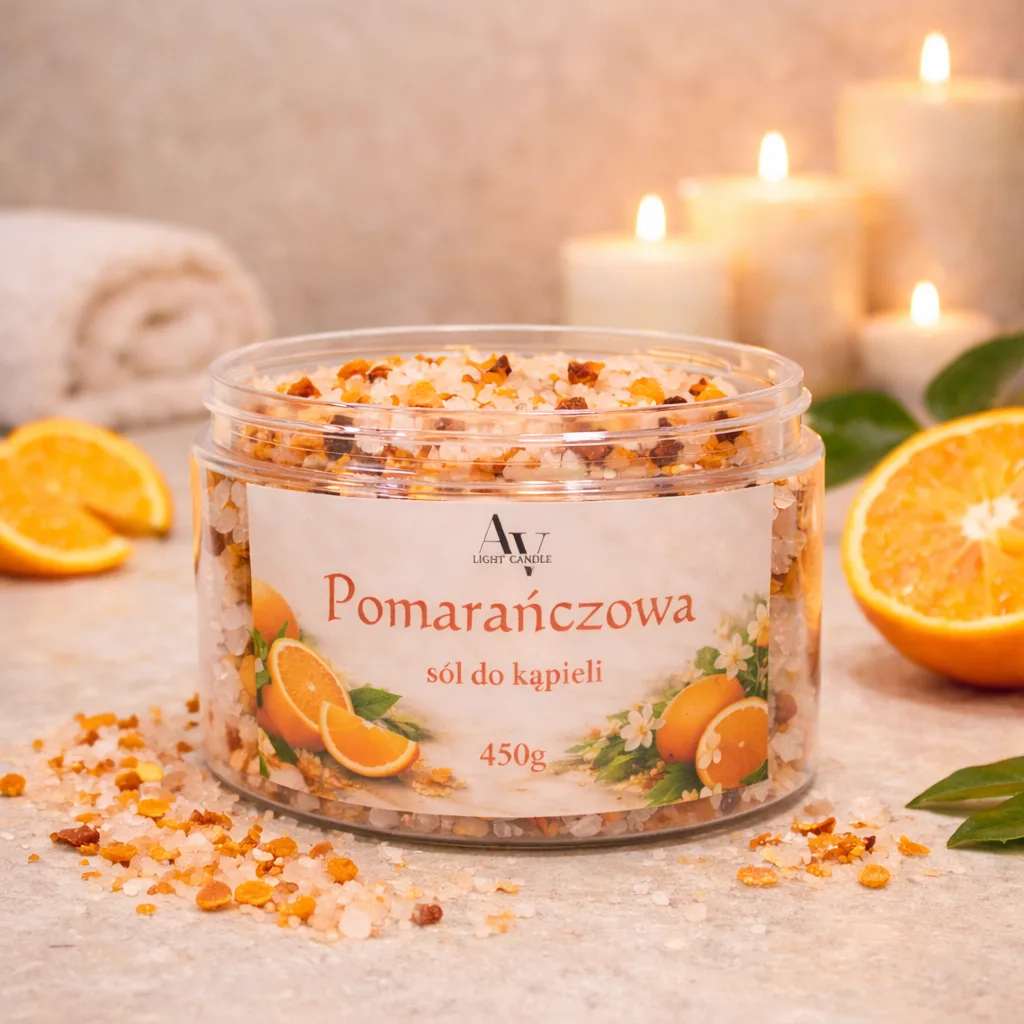 pomarańczowa sól do kąpieli AV Light Candle 450 g w przezroczystym słoiku z suszoną skórką pomarańczy