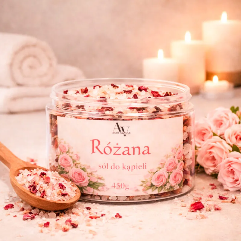 różana sól do kąpieli AV Light Candle 450g w przezroczystym słoiku z płatkami róży i drewnianą łyżką z solą